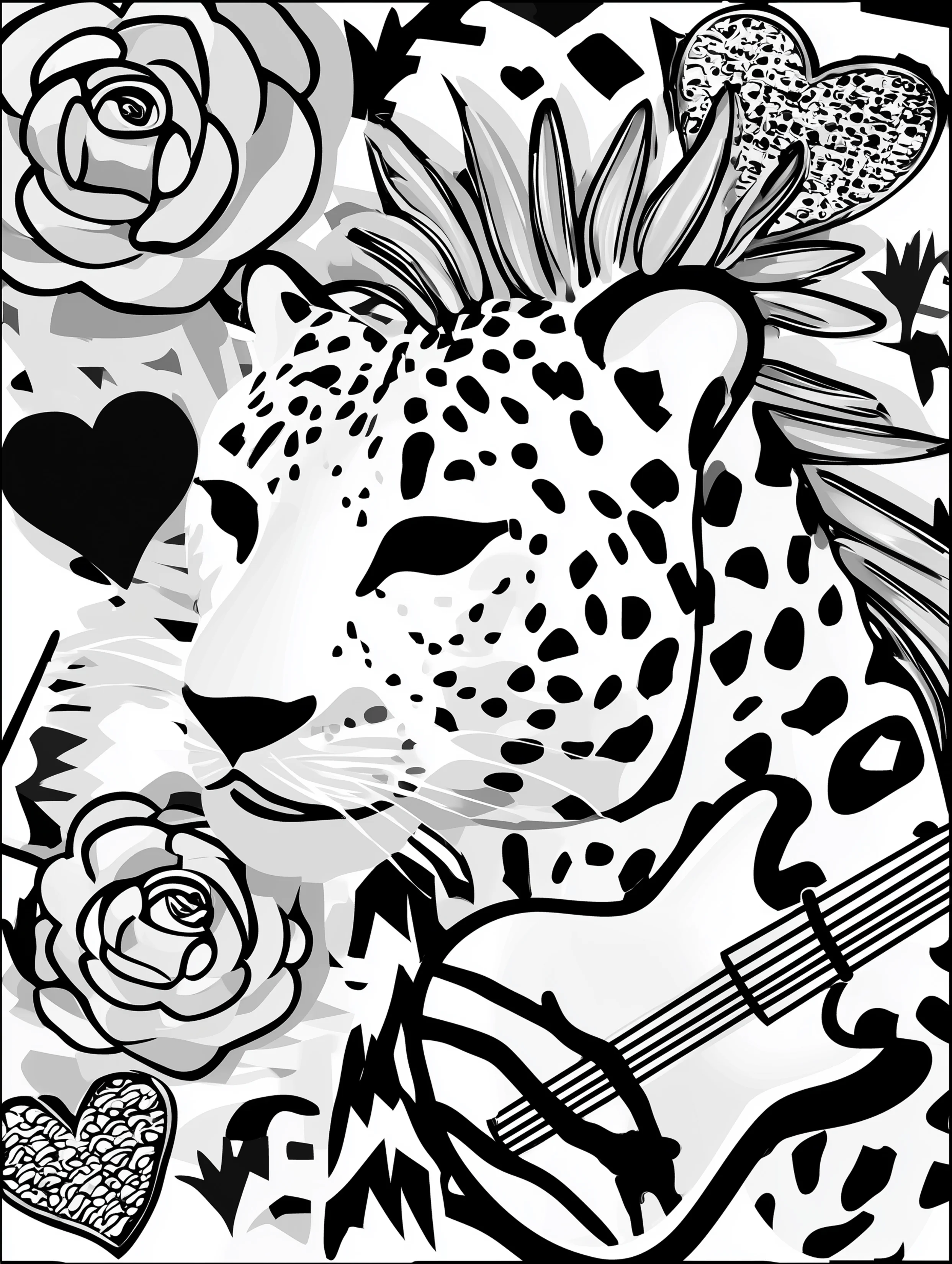 Free cheetah printable coloring page featuring a cheetah playing a guitar